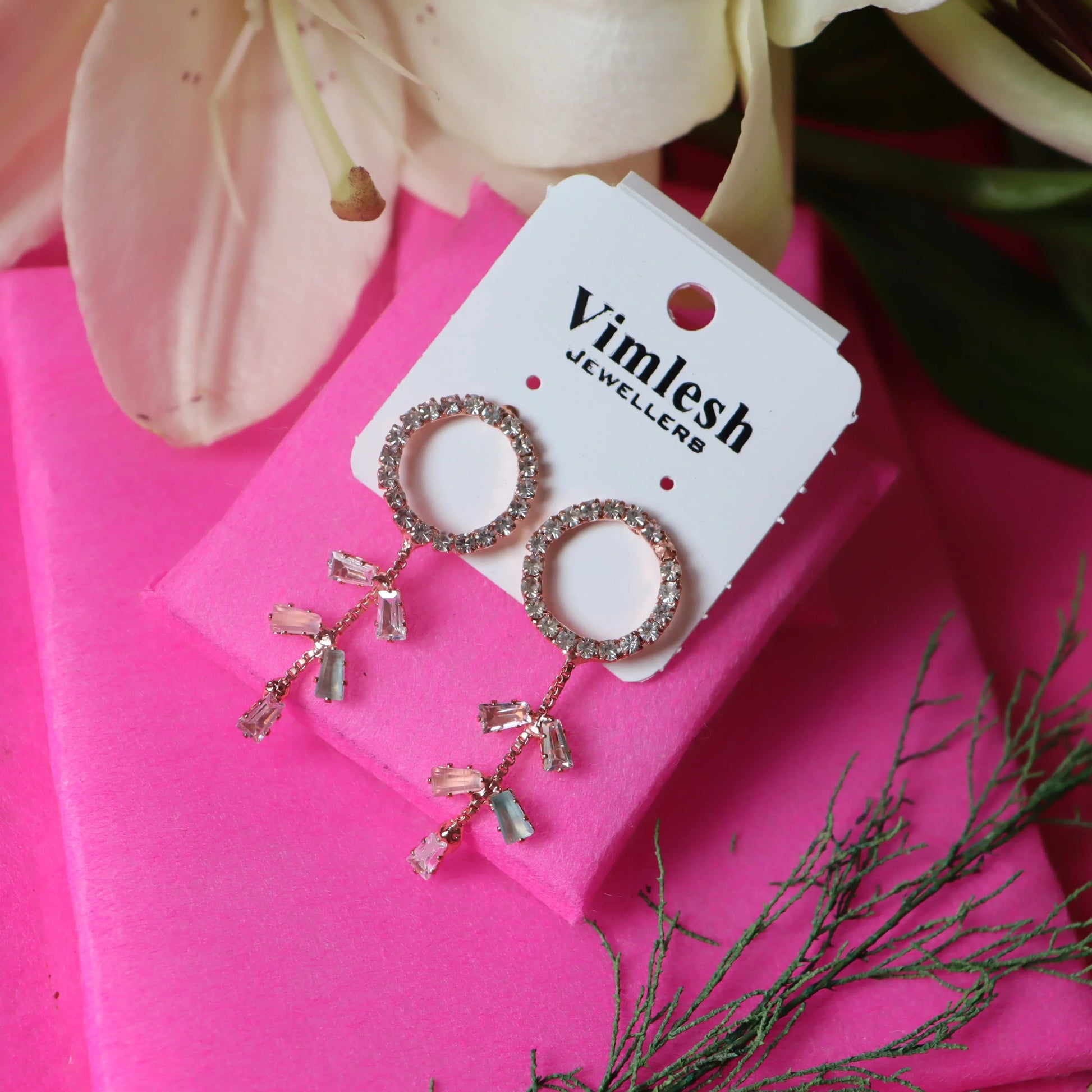 Rhinestone - studded circular top with vertical drop Earrings - Areumi