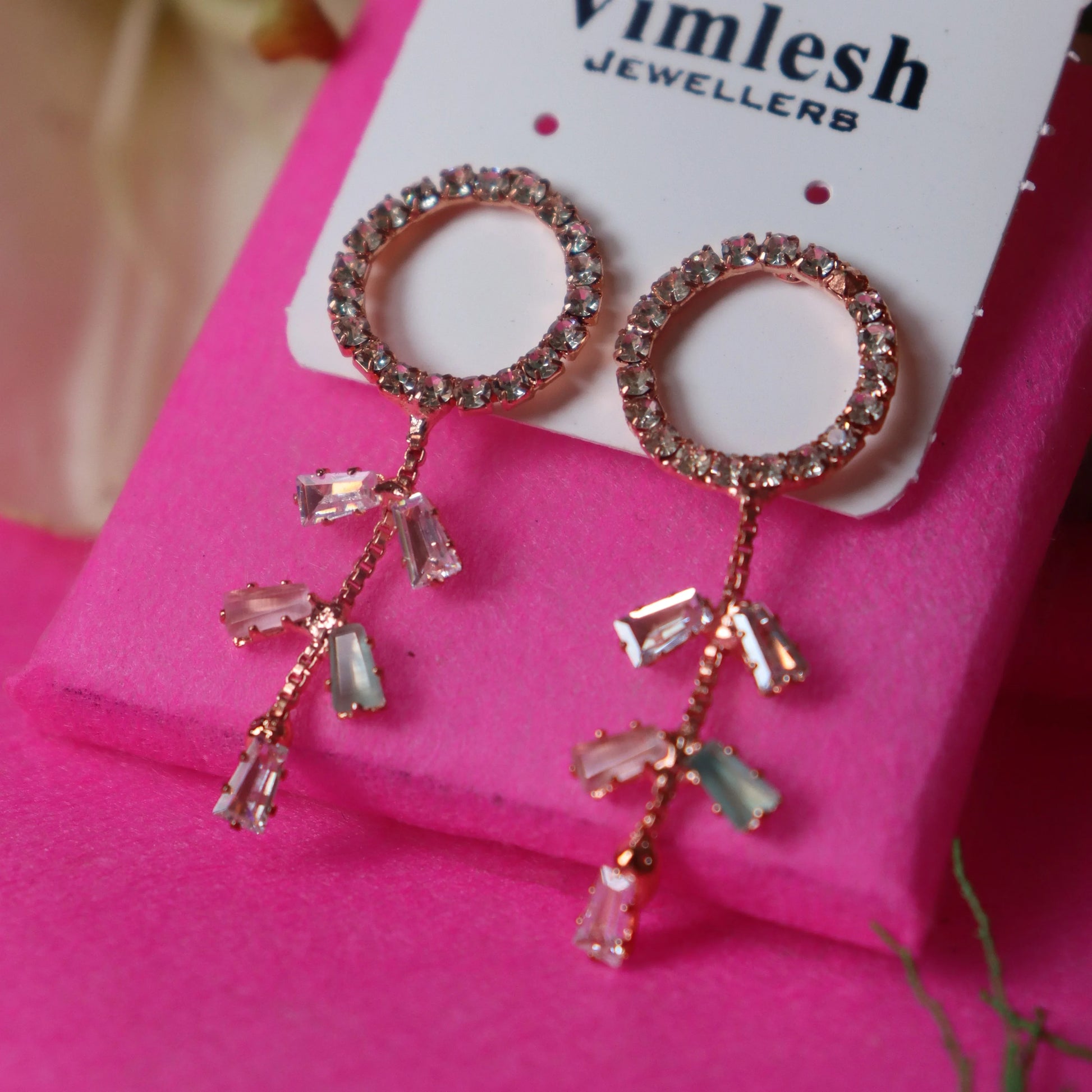 Rhinestone - studded circular top with vertical drop Earrings - Areumi