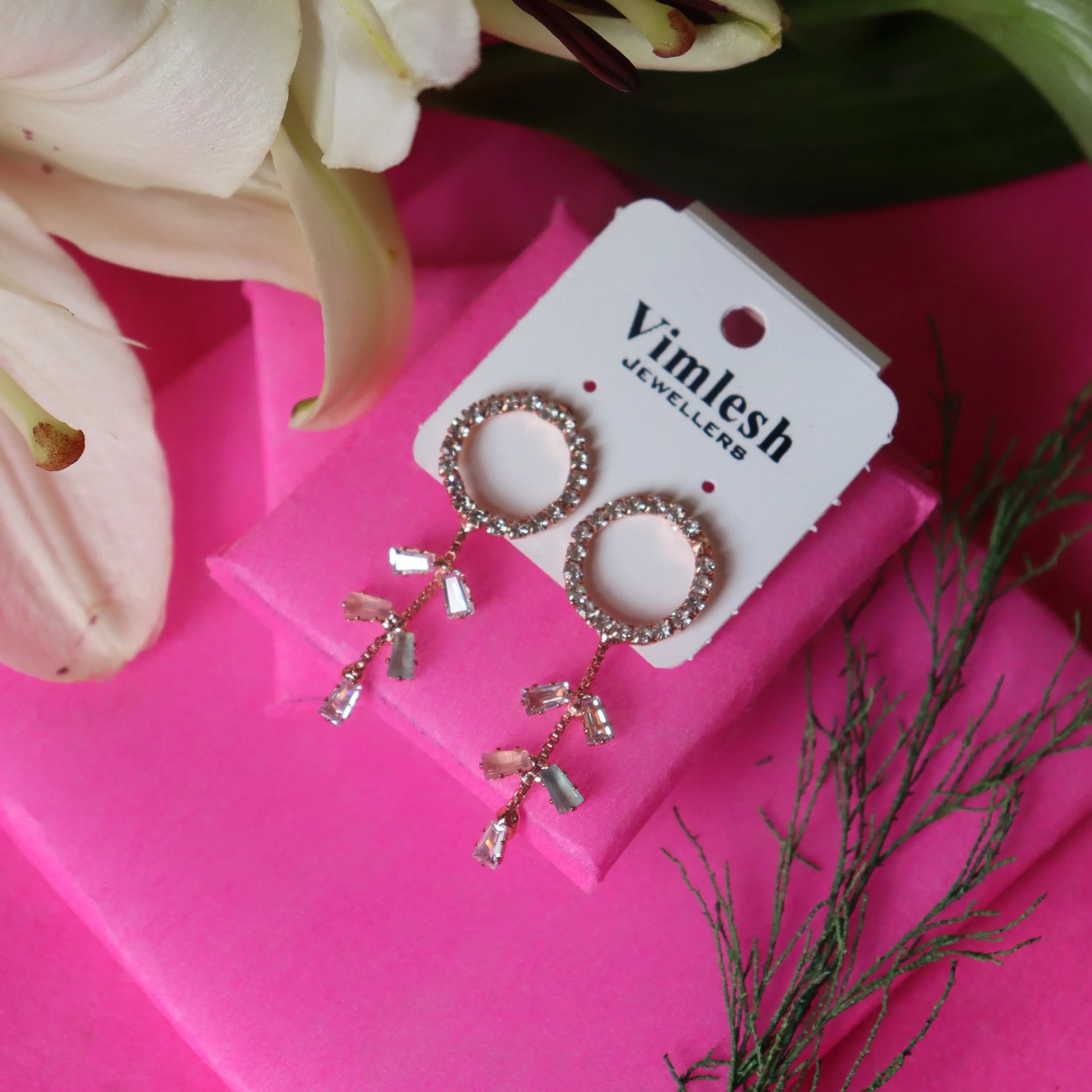 Rhinestone - studded circular top with vertical drop Earrings - Areumi