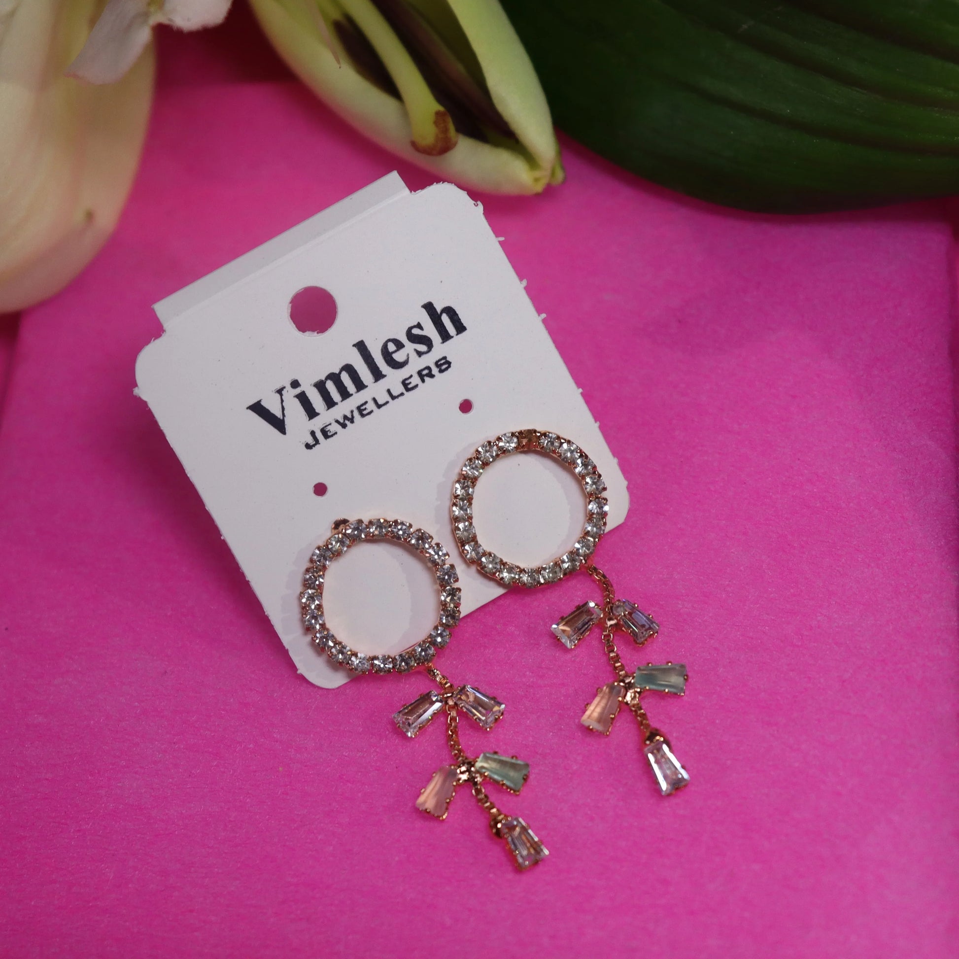 Rhinestone - studded circular top with vertical drop Earrings - Areumi