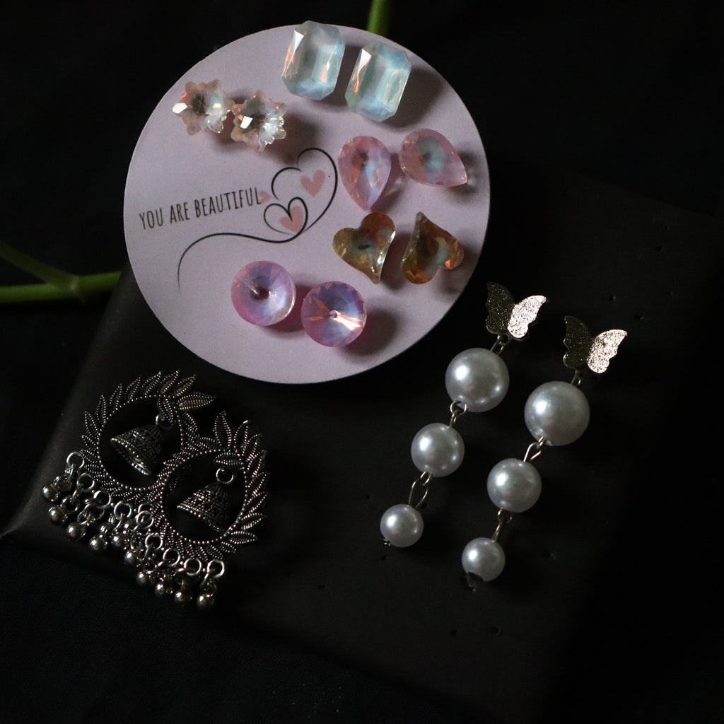 Triple Style Earring Combo – Studs, Jhumka & Drop Earrings combo Under ₹99