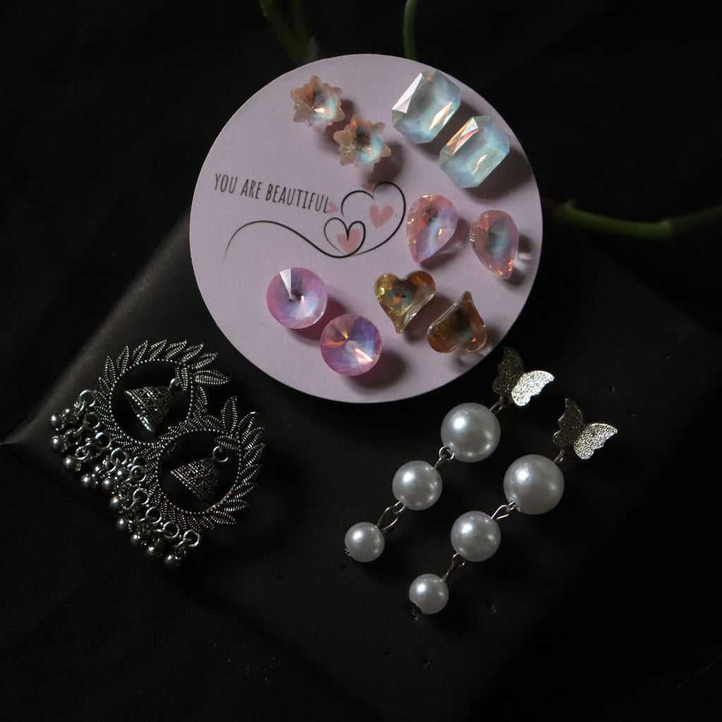 Triple Style Earring Combo – Studs, Jhumka & Drop Earrings combo Under ₹99